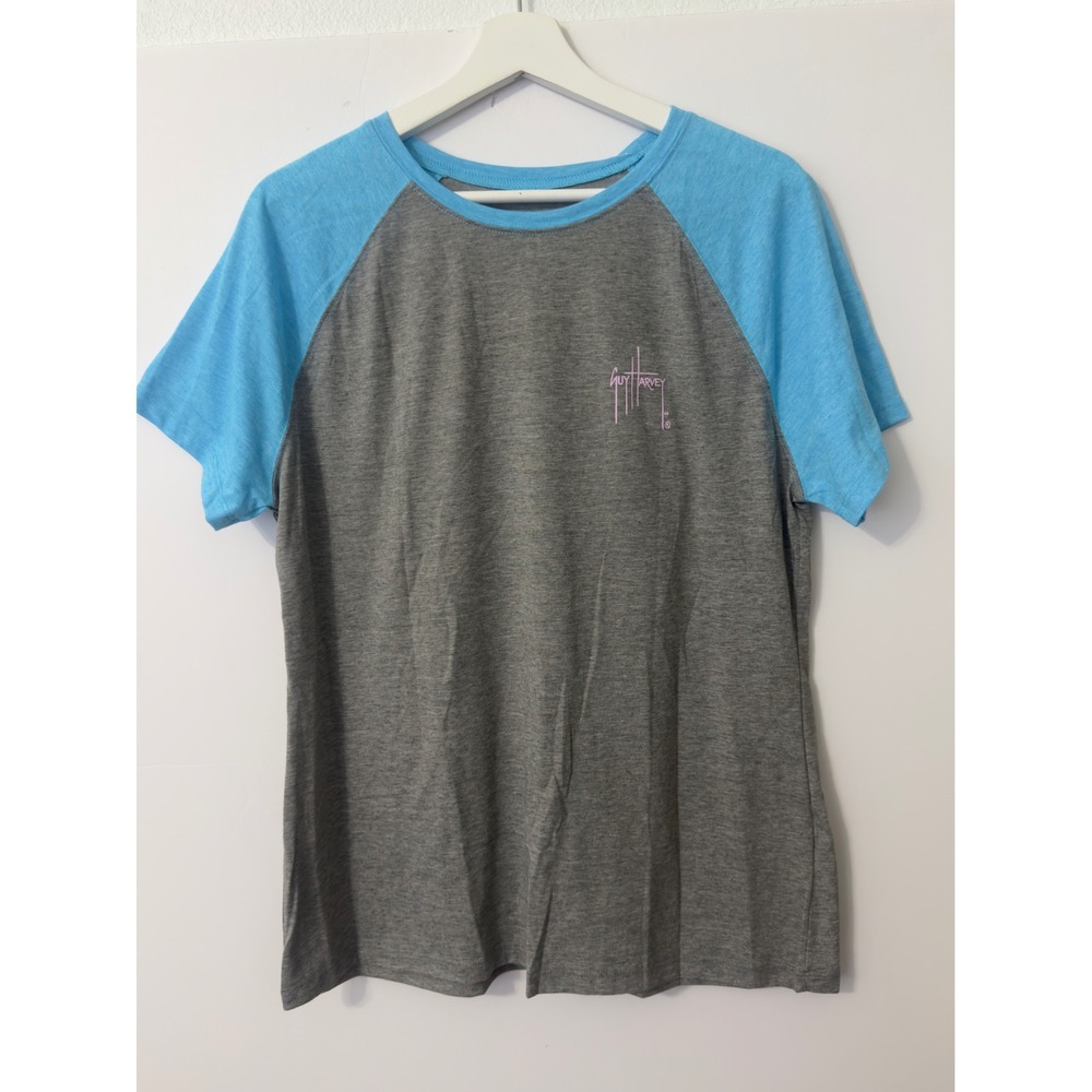 Guy Harvey Marlin Performance T-Shirt Mens XL Grey Blue Raglan Fishing Coastal